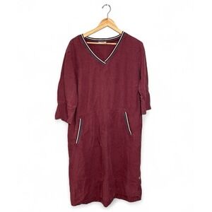 Deerberg Linen Shirt Dress Women's XL‎ Lagenlook V-neck Pockets Burgundy Green